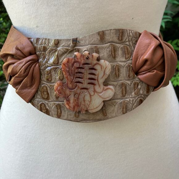Handmade Leather Belt OOAK Tie Wrap 42" Brown  Tan Stone Croc Artsy Boho Tribal - Picture 1 of 12